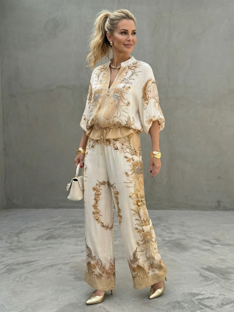 Clabelle | Zip Front Blouson Top Printed Two Piece Set