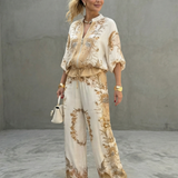 Clabelle | Zip Front Blouson Top Printed Two Piece Set