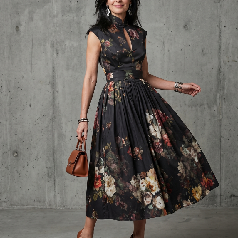 Serania | High Neck Keyhole Floral Pleated Midi Dress