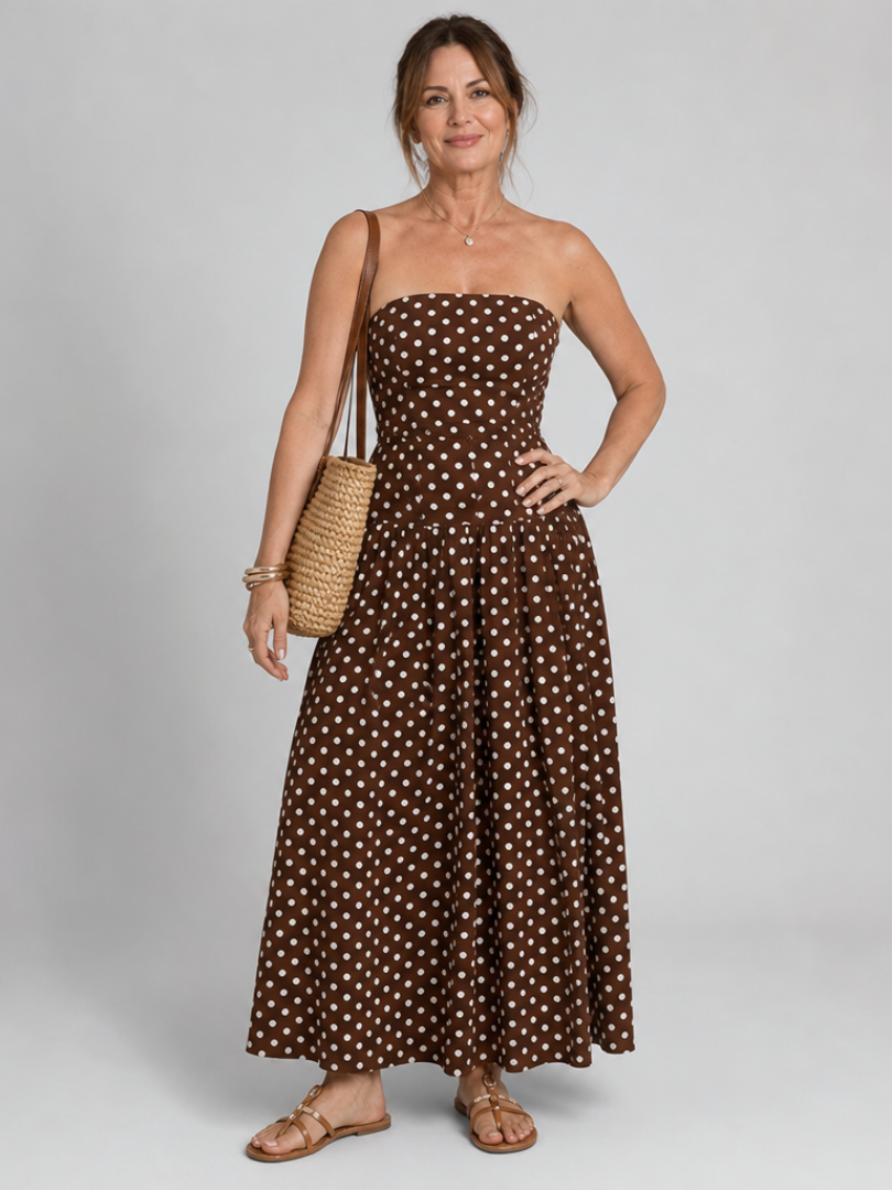 Romisette | Strapless Polka Dot Pattern Midi Dress