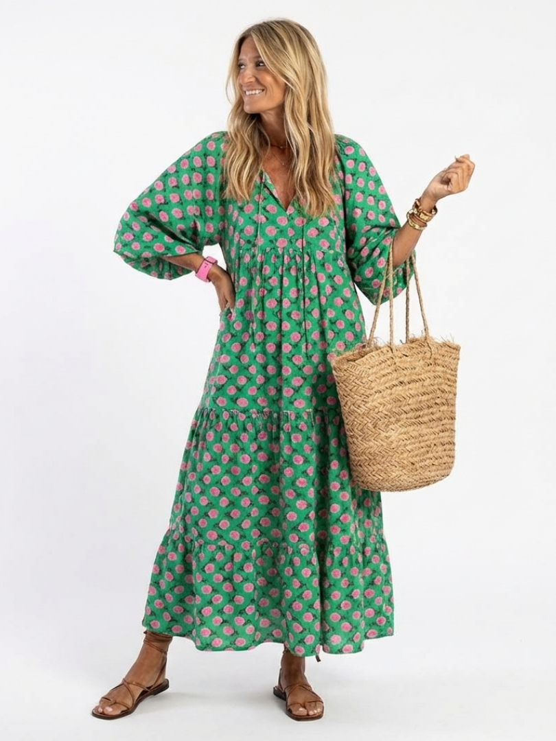 Tovada | Floral Print V Neck Tiered Midi Dress