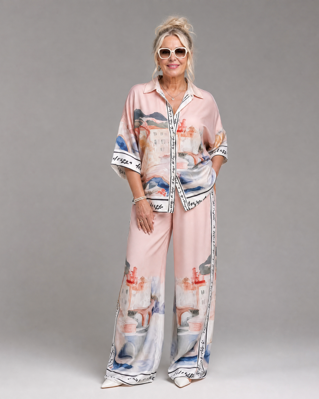 Lilabelle | Scenic Print Button Front Shirt And Wide Leg Pants Set