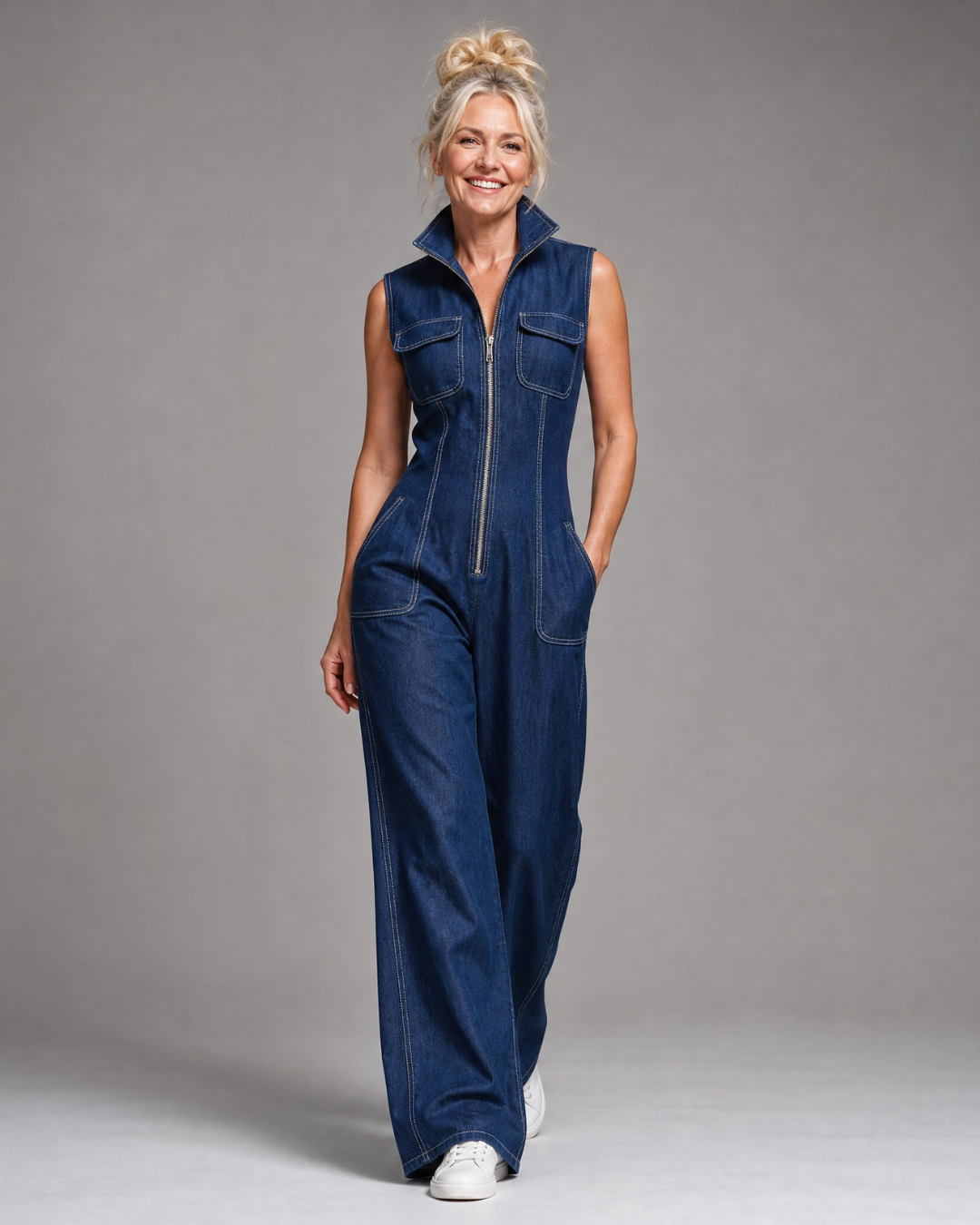 Vesda | Zip Front Sleeveless Denim Wide Leg Jumpsuit