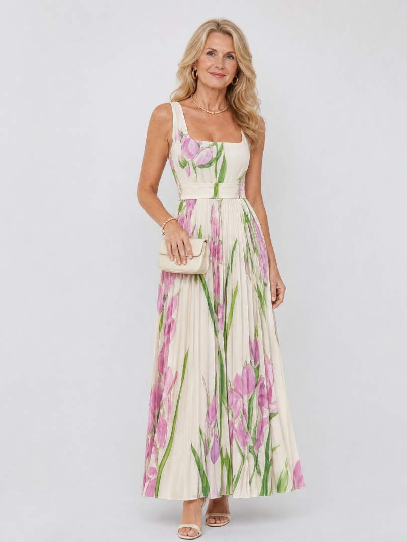 Camwen | Pleated Sleeveless Square Neck Midi Dress