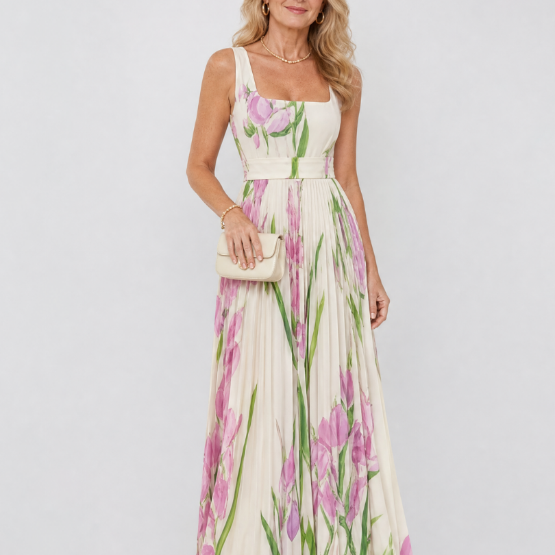 Camwen | Pleated Sleeveless Square Neck Midi Dress