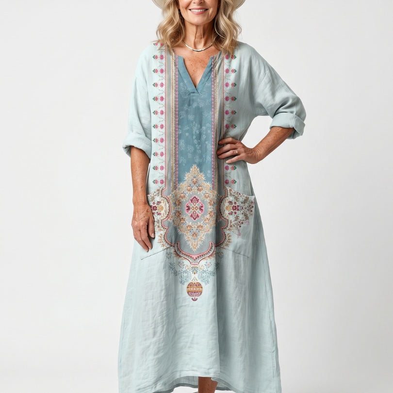 Sennaney | Ornate Panel Embroidered Oversized Pocket Midi Dress