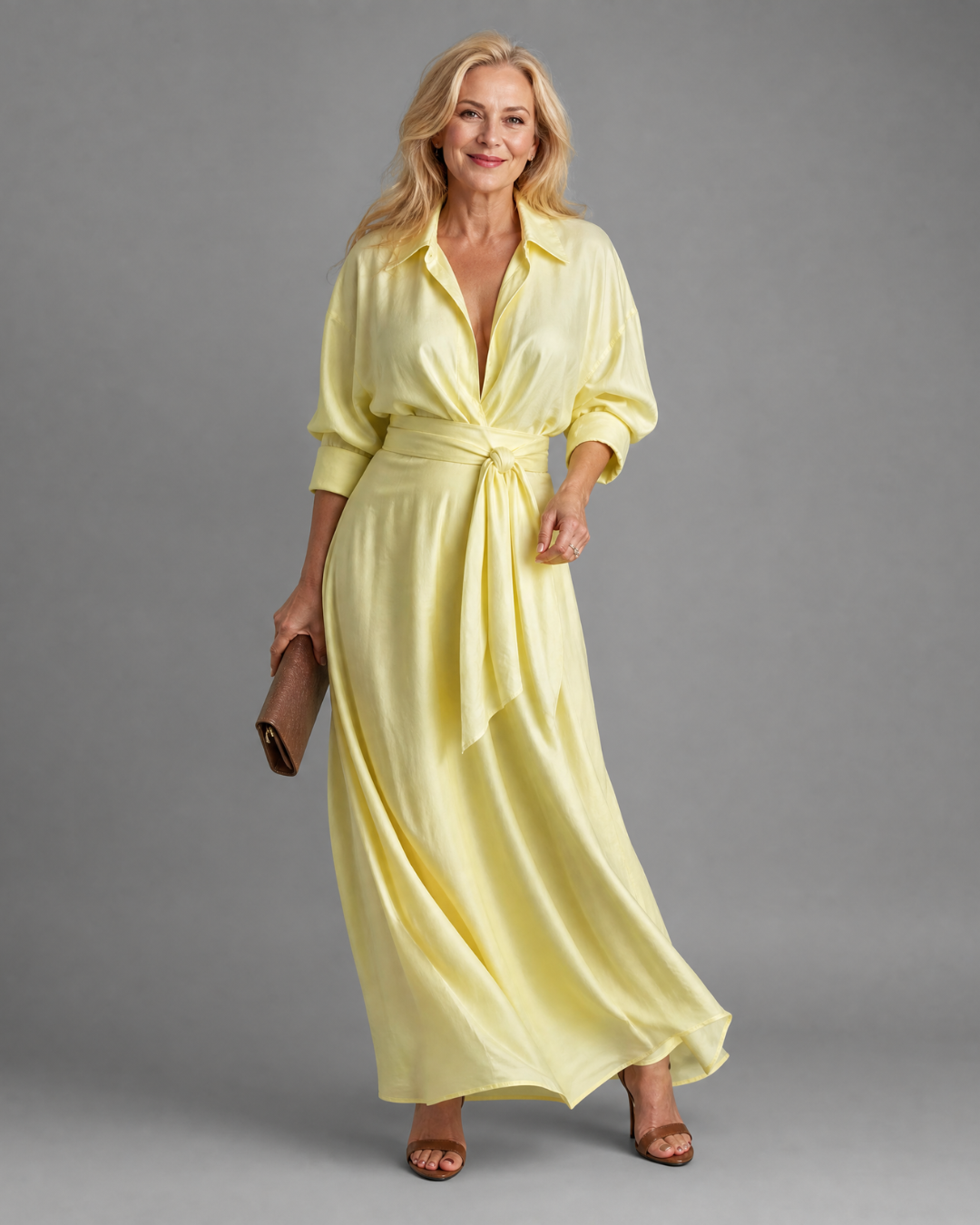 Lunlette | Belted Collared Flowing Long Sleeve Midi Dress