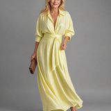 Lunlette | Belted Collared Flowing Long Sleeve Midi Dress