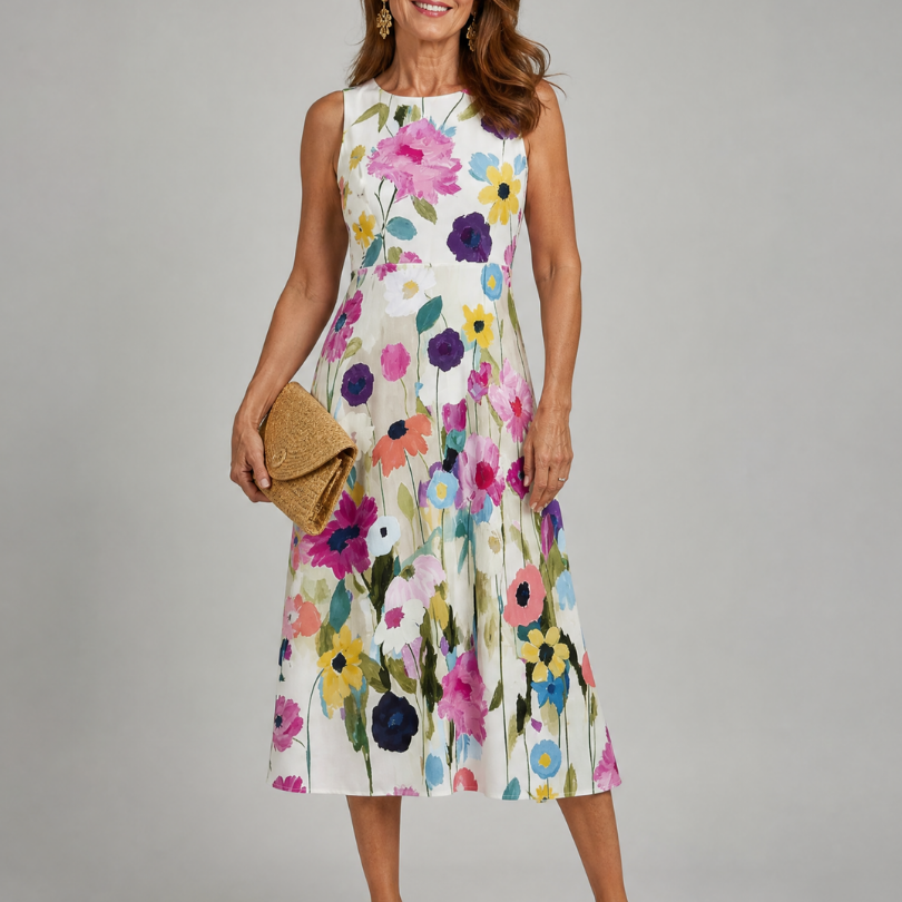 Juletta | Floral Print Sleeveless Round Neck Midi Dress