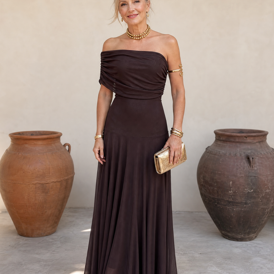 Clawynne | Off Shoulder Draped Bodice Flowing Maxi Dress
