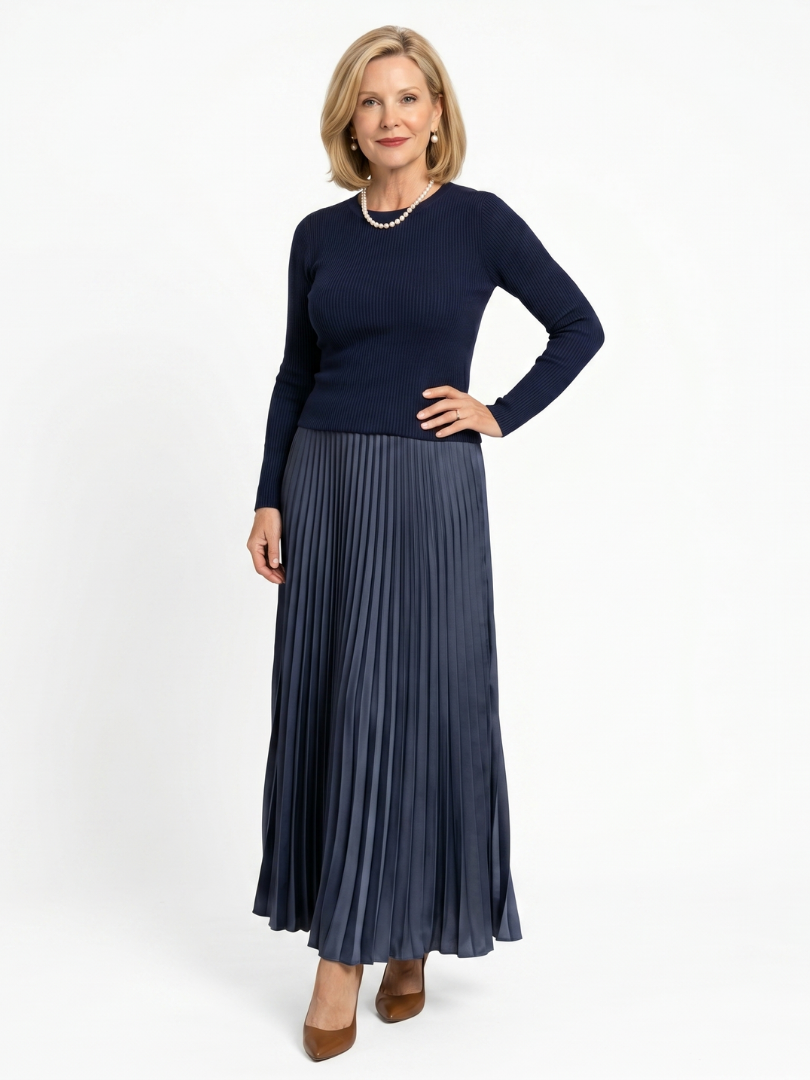 Serandra | Knit Top Pleated Skirt Midi Dress