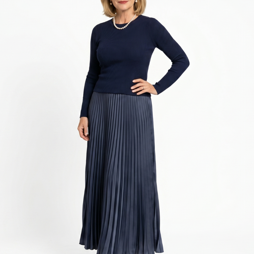 Serandra | Knit Top Pleated Skirt Midi Dress