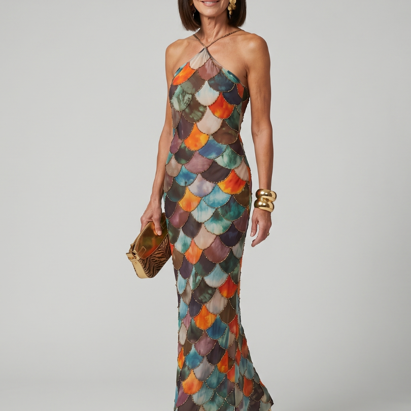 Isabelle | Fitted Multicolor Scale Pattern Maxi Dress