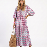 Corbeth | Geometric Print Long Sleeve Tiered Midi Dress