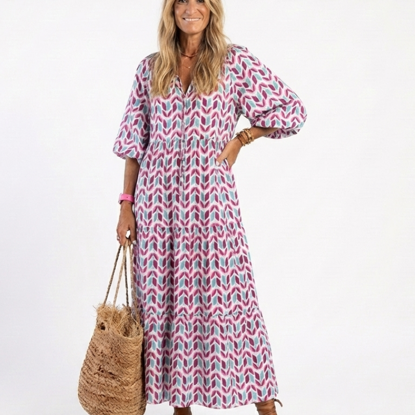 Corbeth | Geometric Print Long Sleeve Tiered Midi Dress