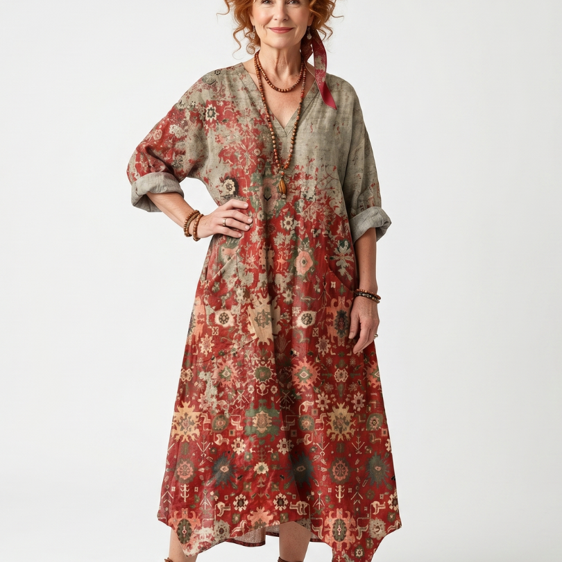 Lilawen | Mixed Pattern Relaxed Pocket Midi Dress