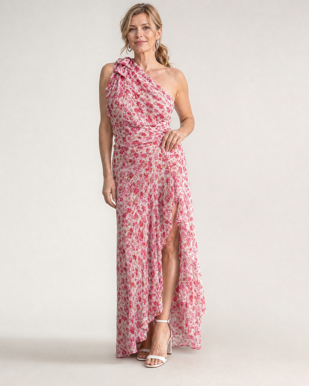 Julra | Ditsy Floral One Shoulder Ruffle Hem Midi Dress