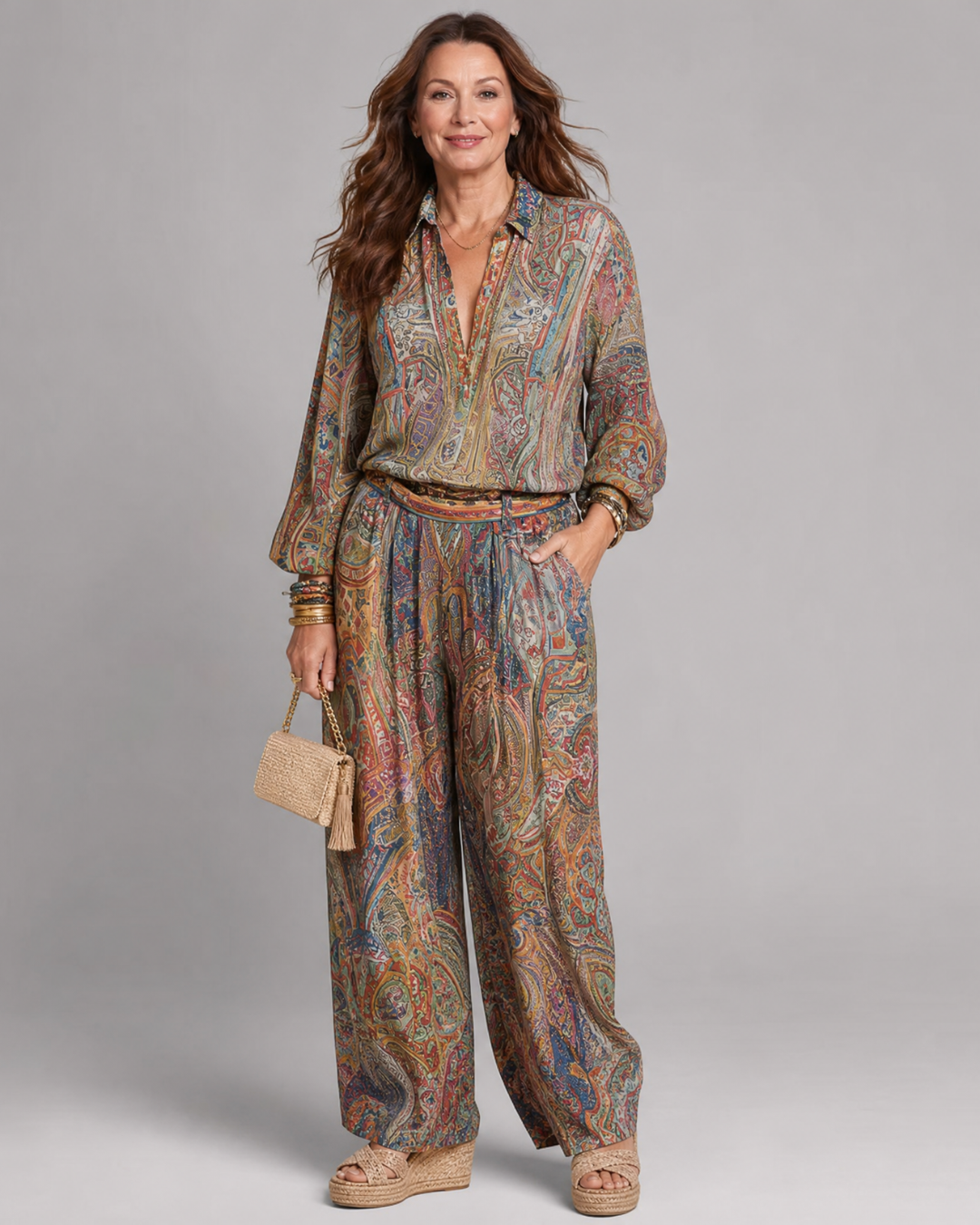 Mirbeth | Ornate Paisley Print Blouse And Wide Leg Pants Set