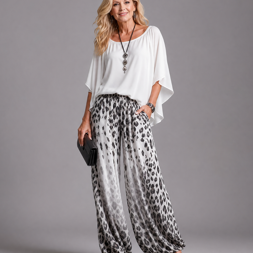 Taliara | Flowing Chiffon Top And Printed Wide Leg Pants Set