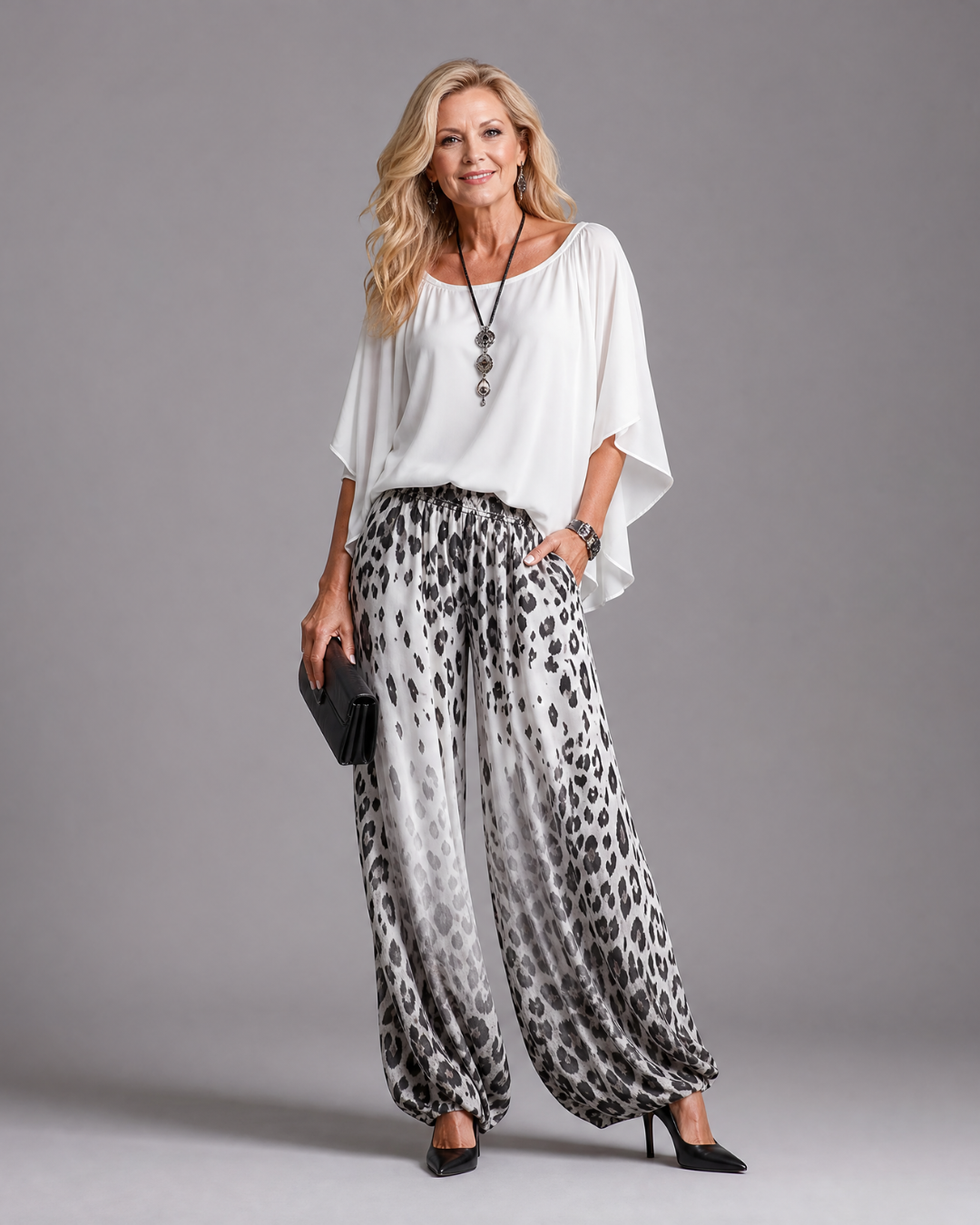 Taliara | Flowing Chiffon Top And Printed Wide Leg Pants Set