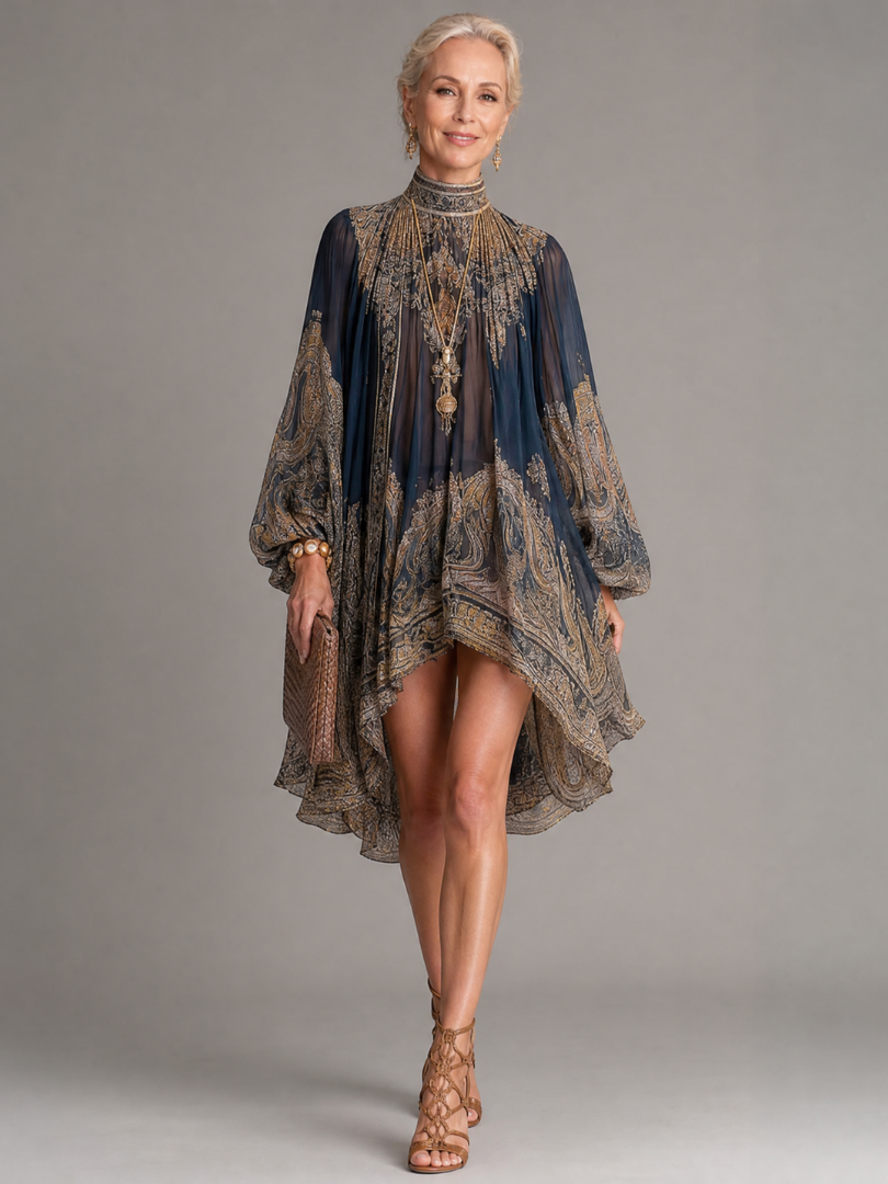 Noravia | High Neck Printed High Low Mini Dress