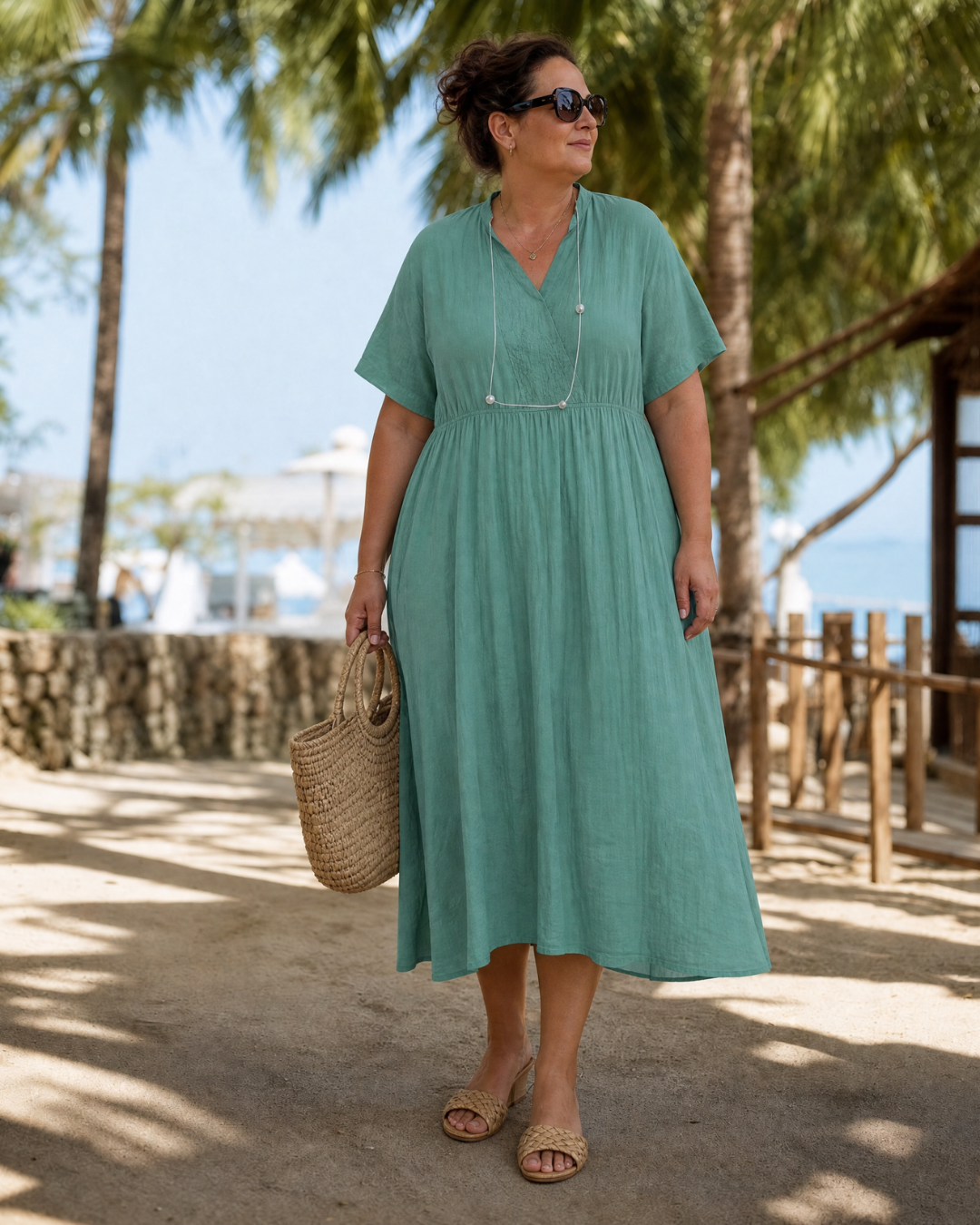 Thallyn | Textured V Neck Relaxed Short Sleeve Midi Dress