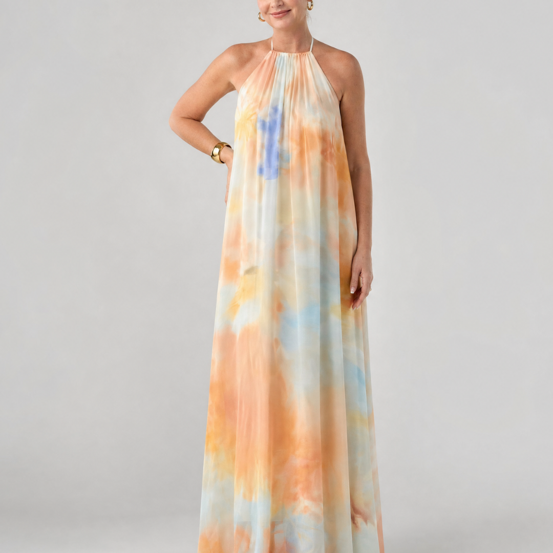 Larsette | Watercolor Halter Neck Flowing Maxi Dress