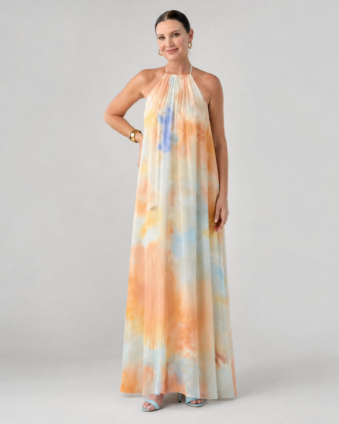 Larsette | Watercolor Halter Neck Flowing Maxi Dress