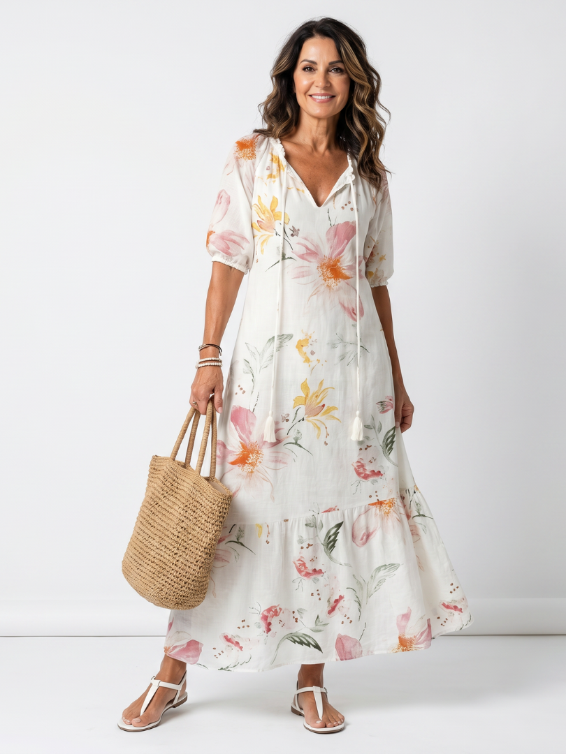 Pennia | Soft Floral Tiered Tassel Midi Dress