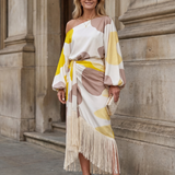 Briwynne | Abstract Print Fringe Hem Midi Dress