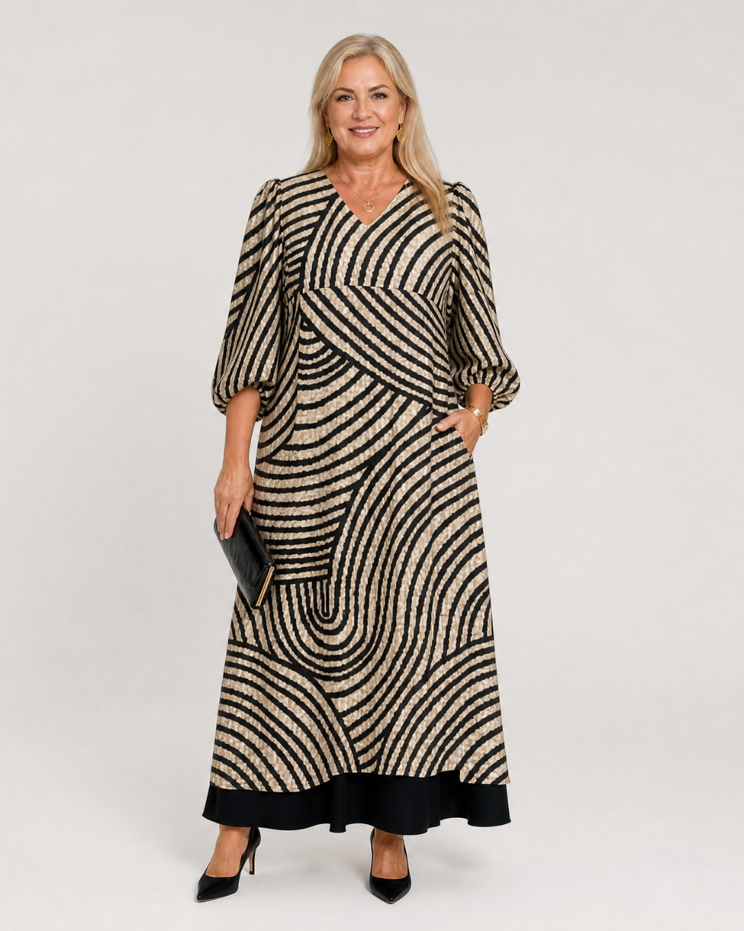 Briarina | Abstract Wave Print Casual Pocket Midi Dress