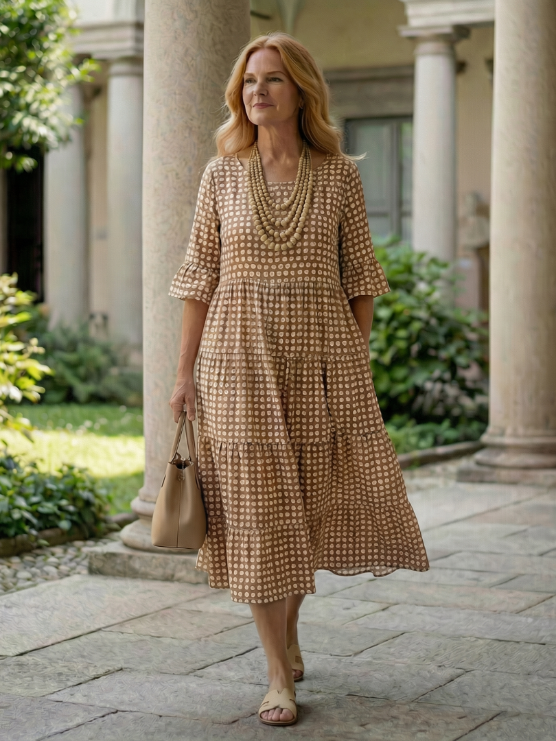 Thalwynne | Polka Dot Tiered Midi Dress Short Sleeve