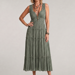 Romywynne | Pleated Sleeveless Tiered V Neck Midi Dress