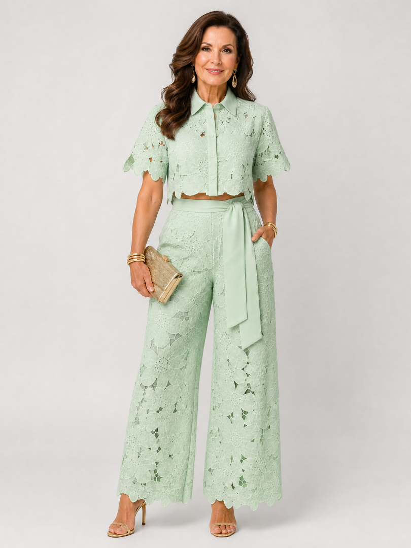 Elobelle | Lace Button Front Two Piece Pant Set