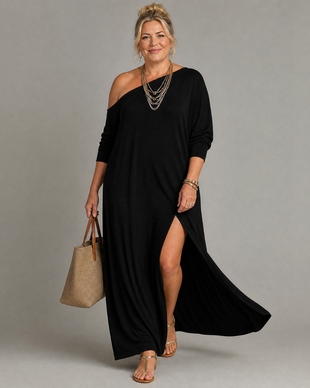 Mildra | One Shoulder Side Slit Flowing Midi Dress