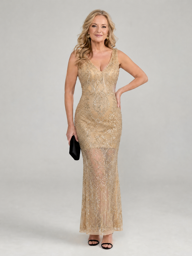 Verla | Sequin Sleeveless Sheer Panel Midi Dress