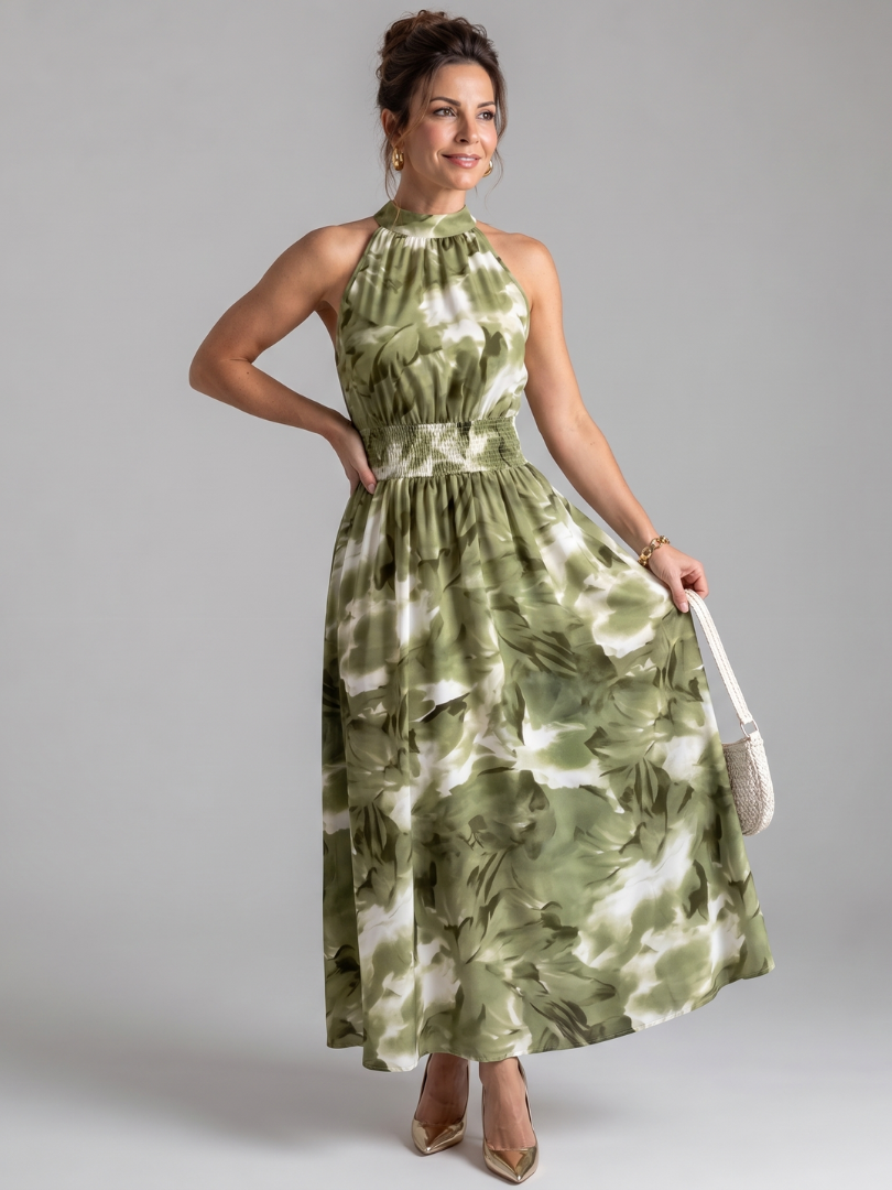 Fionia | Gathered Waist Abstract Print Midi Dress