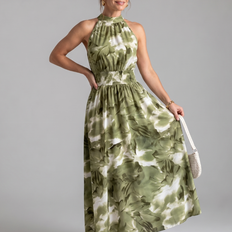 Fionia | Gathered Waist Abstract Print Midi Dress