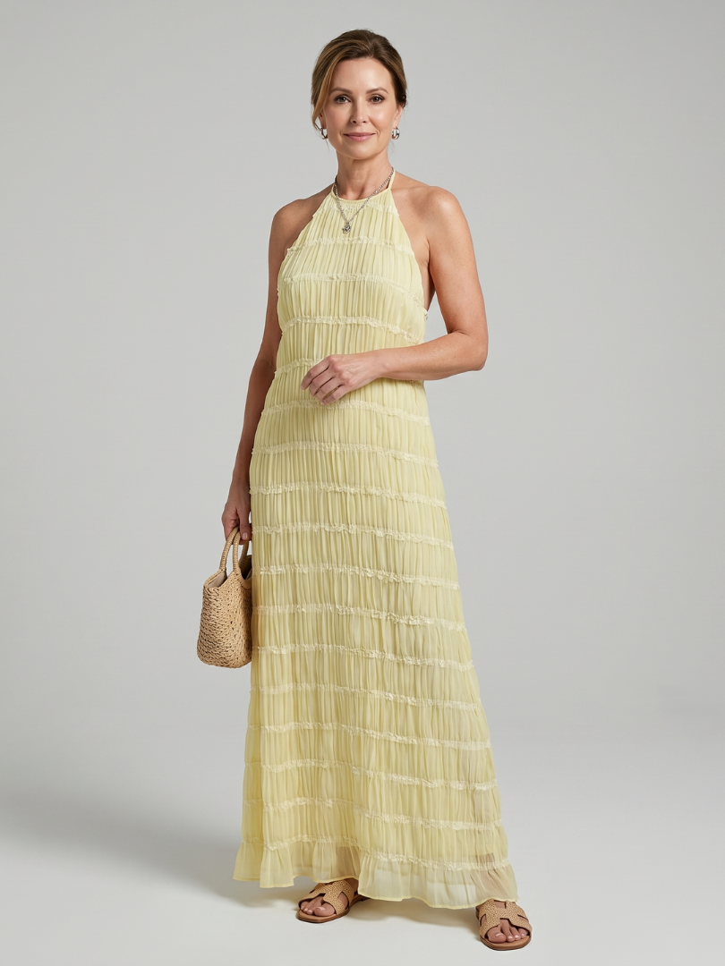 Vesette | Textured Fringe Fitted Silhouette Maxi Dress
