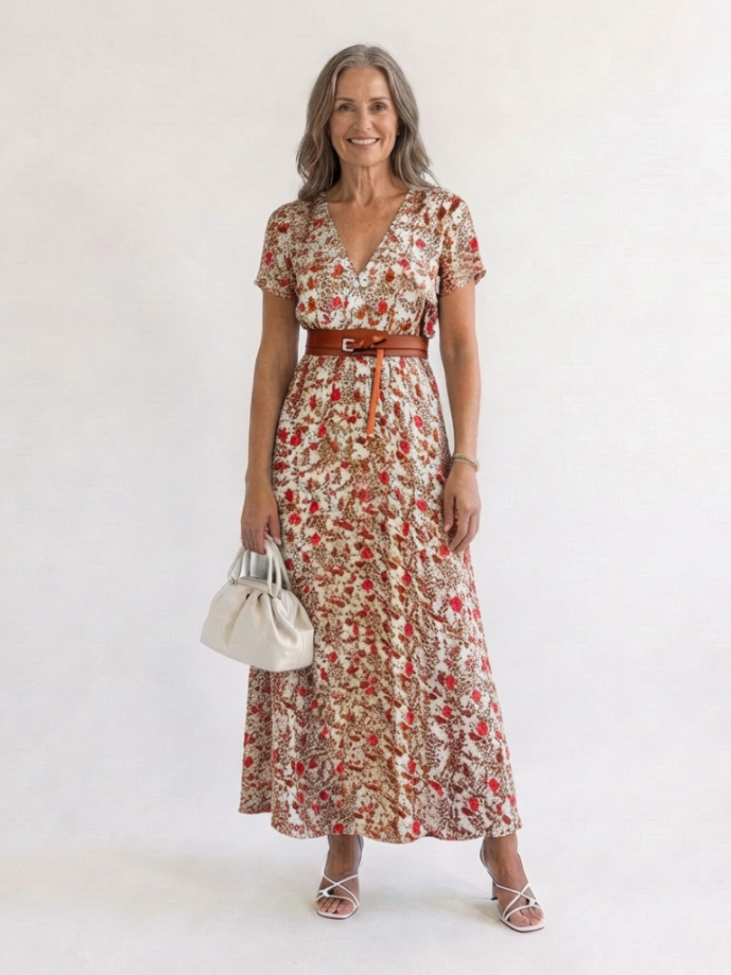 Tamsinna | Elegant Floral V-Neck Midi Dress