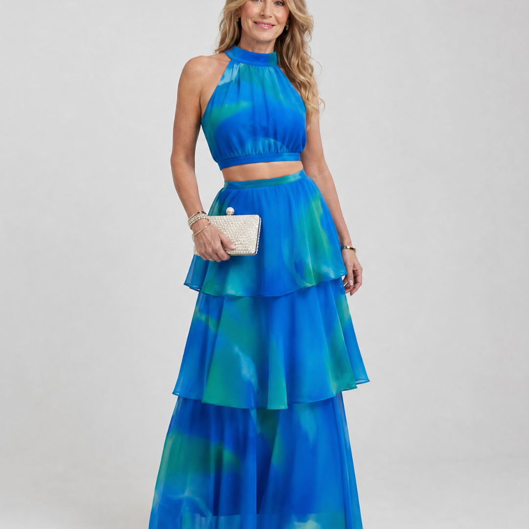 Vellora | Natural Floral Halter Cutout Tiered Maxi Dress