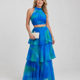 Vellora | Natural Floral Halter Cutout Tiered Maxi Dress