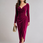 Zarrose | Draped Cowl Neck Satin Midi Dress