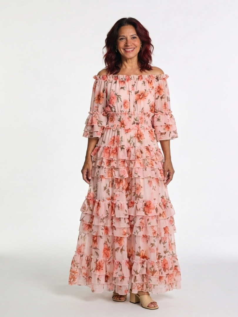 Kalsette | Off Shoulder Floral Ruffle Tiered Maxi Dress