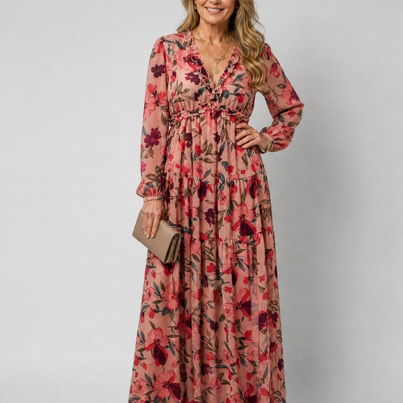Tovawyn | Floral Print Long Sleeve Tiered Maxi Dress