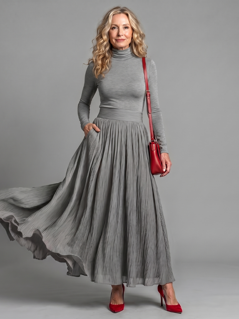 Velvia | Long Sleeve Turtleneck Defined Waist Midi Dress