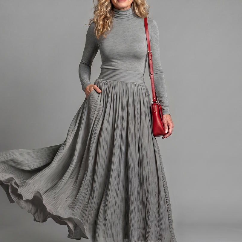 Velvia | Long Sleeve Turtleneck Defined Waist Midi Dress