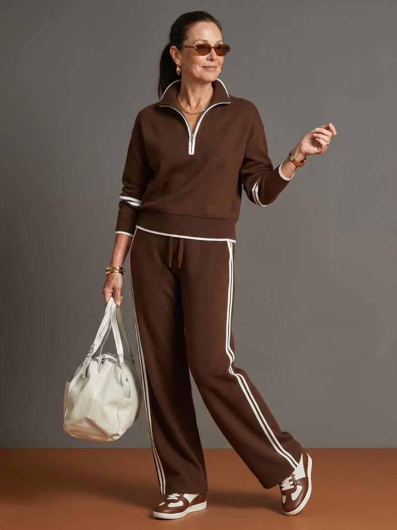 Della | Zip Neck Long Sleeve Side Stripe Leg Pants Set