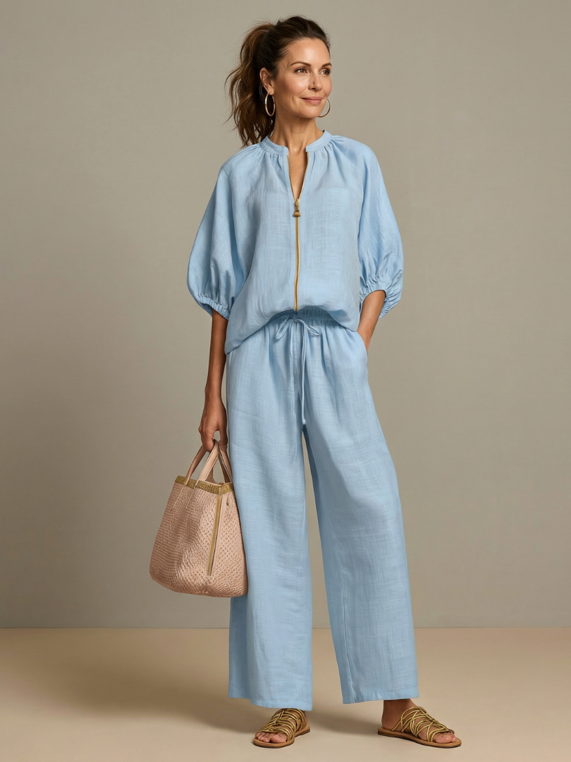 Halrin | Zip Front Blouson Top Wide Leg Set