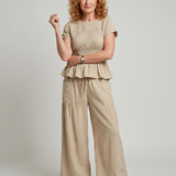 Selthea | Peplum Detail Smocked Top And Wide Leg Pants Set